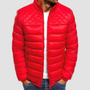 Rote Herren-Daunenjacke, Steppdesign, Reißverschluss, Wintermode, warm, stilvoll.