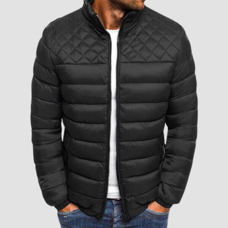 Schwarze Steppjacke für Herren, Reißverschluss, gesteppte Details, modisch, warm, Winterjacke.