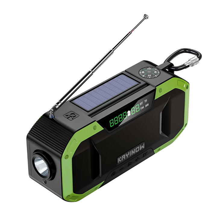 Tragbares Notfallradio mit Solarpanel, LED-Taschenlampe, grün-schwarz, USB-Anschluss, Kompass.
