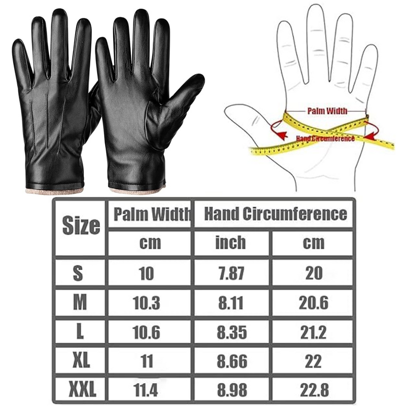 Schwarze Lederhandschuhe, Größentabelle, Handumfang, Wintermode, Herrenaccessoire.