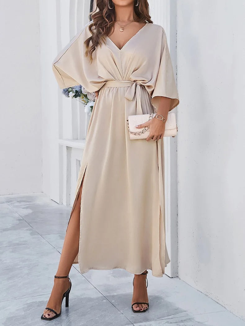 Damen V-Ausschnitt Frühlingskleid, beige, lang, mit Gürtel, elegantes Design, Abendmode.