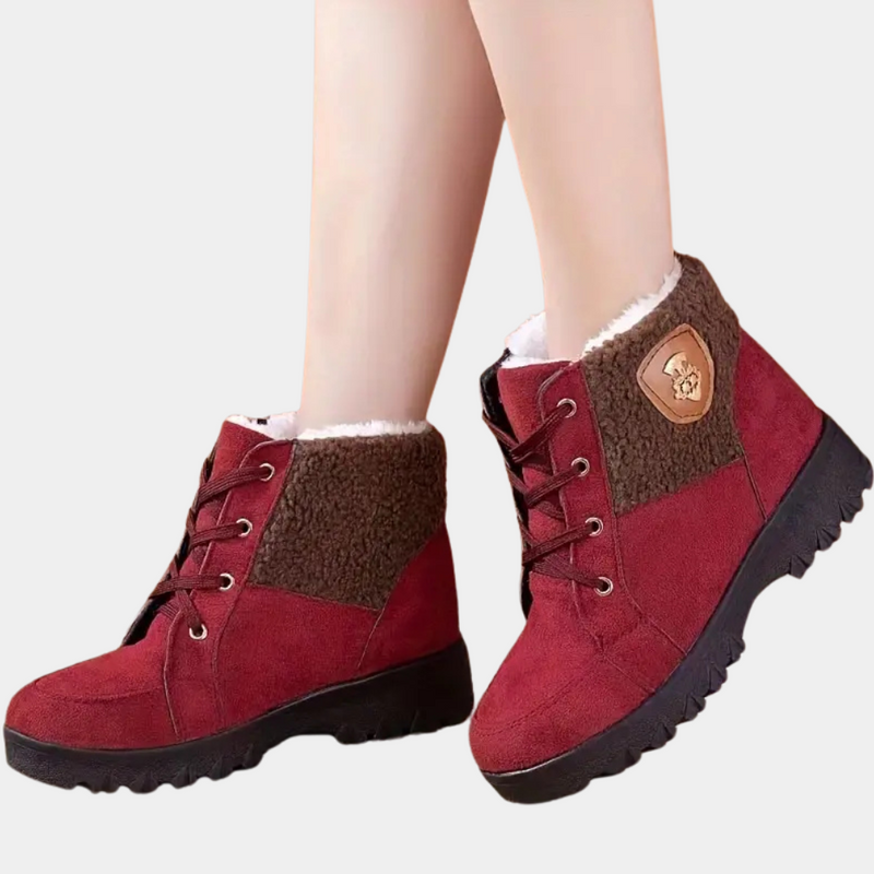 Rote Damen-Winterstiefel mit Fellfutter, rutschfeste Sohle, Schnürung, modisch und warm.