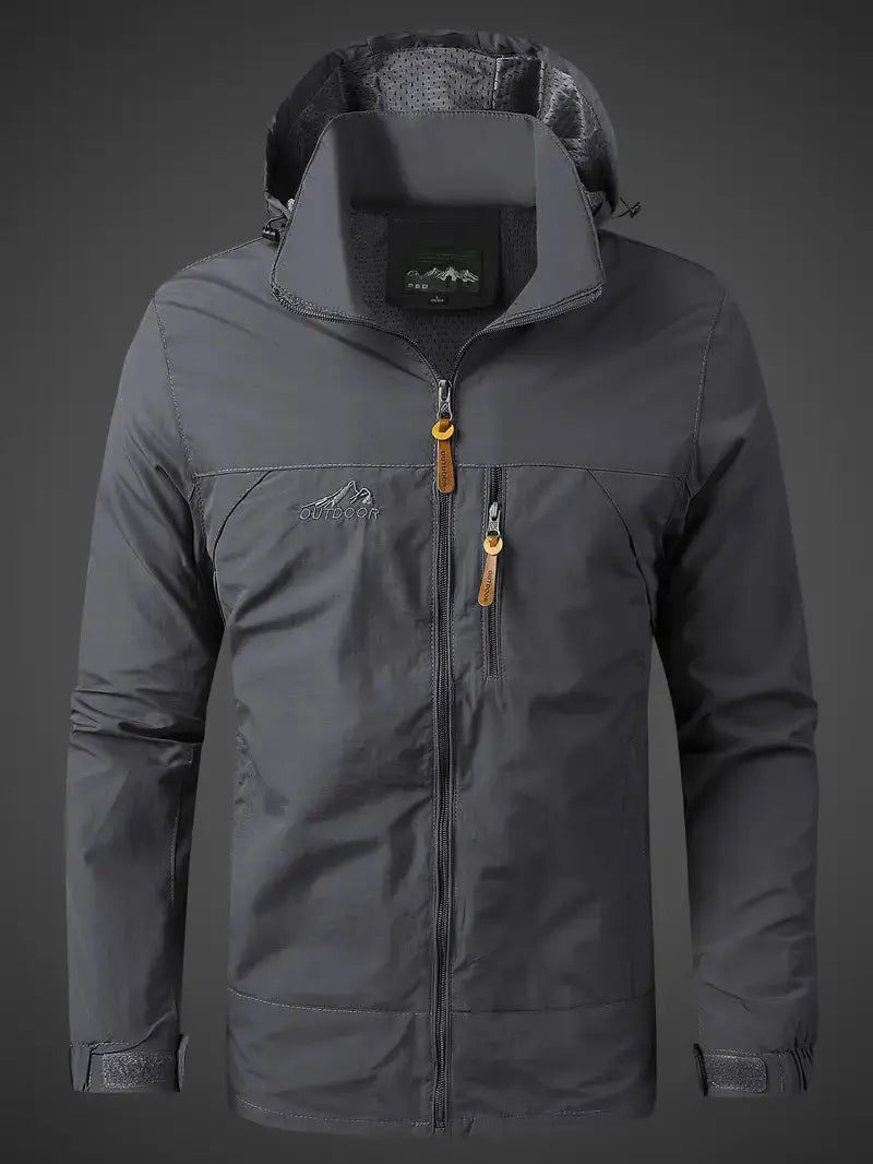 Graue Outdoor-Jacke, wasserdicht, winddicht, mit Kapuze, Reißverschluss, Herrenmode.