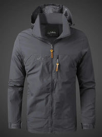 Graue Outdoor-Jacke, wasserdicht, winddicht, mit Kapuze, Reißverschluss, Herrenmode.