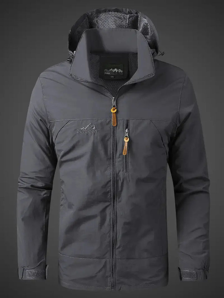 Graue Outdoor-Jacke, wasserdicht, winddicht, mit Kapuze, Reißverschluss, Herrenmode.