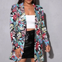 Farbiger Damenblazer mit Comic-Print, Reverskragen, lange Ärmel, Vintage-Stil.