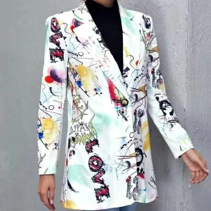 Damenblazer mit buntem, unregelmäßigem Vintage-Print, lange Ärmel, Revers, High Street-Stil.