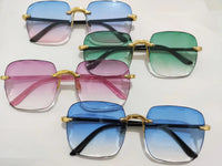 Vintage randlose Sonnenbrille, quadratisch, blau, grün, rosa, goldene Details, Unisex-Accessoire.