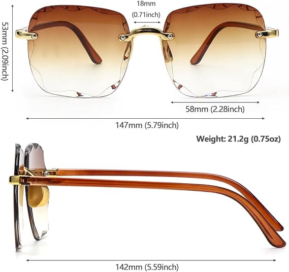Vintage randlose Sonnenbrille, braun, quadratisch, UV-Schutz, leicht, modisch, Unisex.