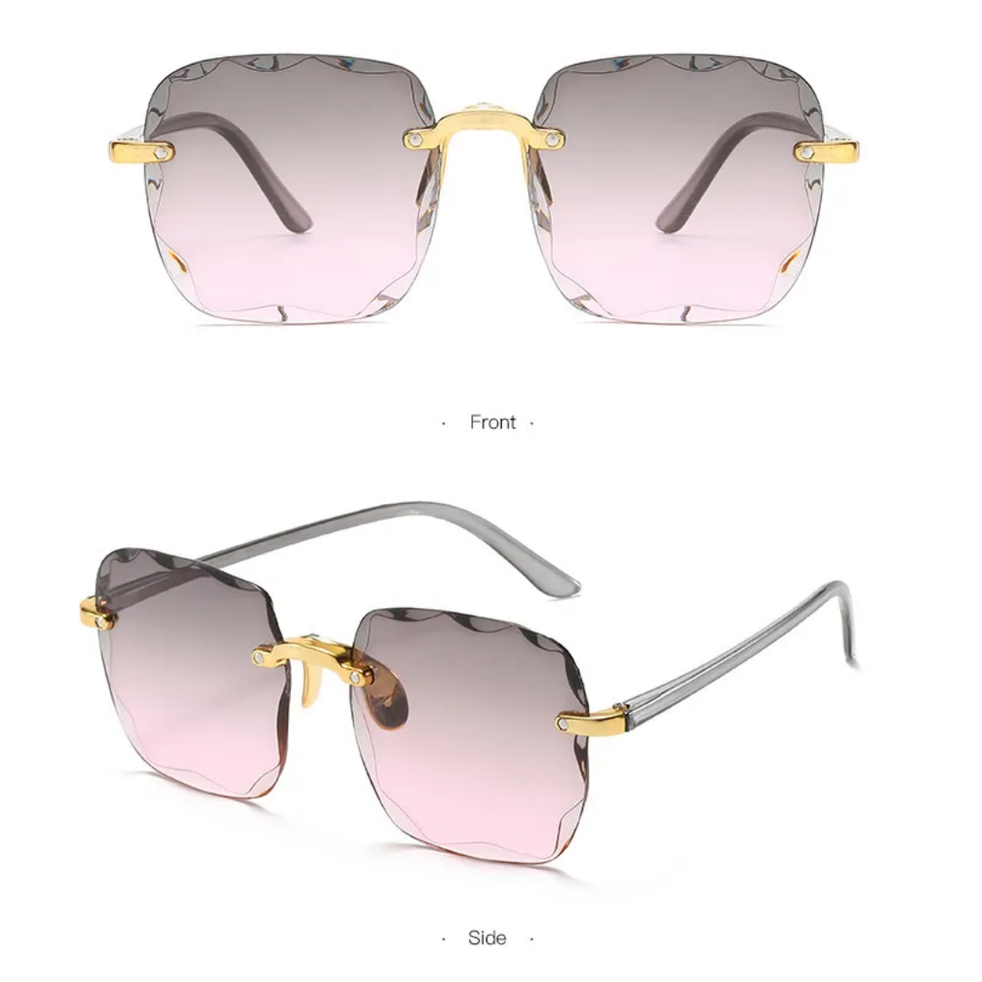 Vintage randlose Sonnenbrille, rosa Gläser, goldene Bügel, quadratische Form, modisch.