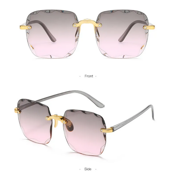 Vintage randlose Sonnenbrille, rosa Gläser, goldene Bügel, quadratische Form, modisch.