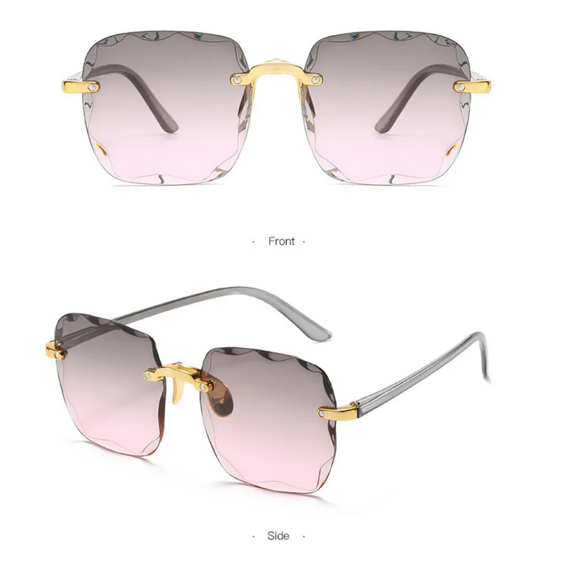 Vintage randlose Sonnenbrille, rosa Gläser, goldene Bügel, quadratische Form, modisch.