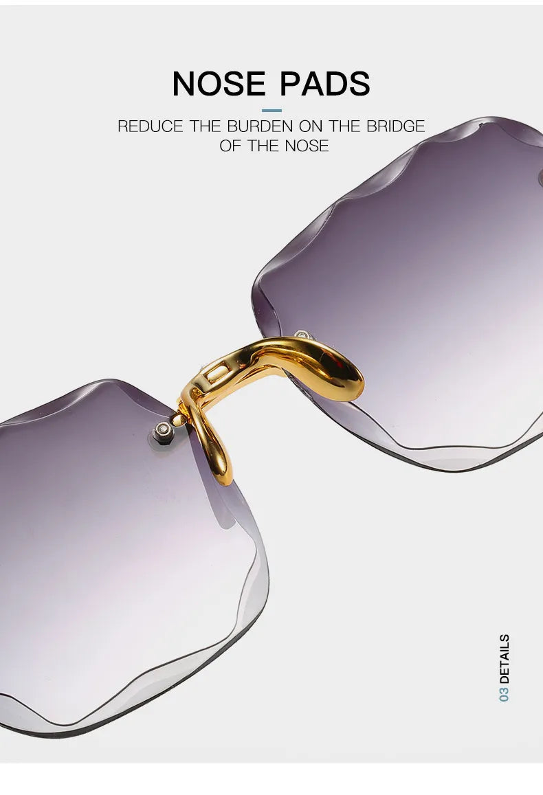 Vintage randlose Sonnenbrille, lila Gläser, goldene Nasenpads, modisch, leicht.