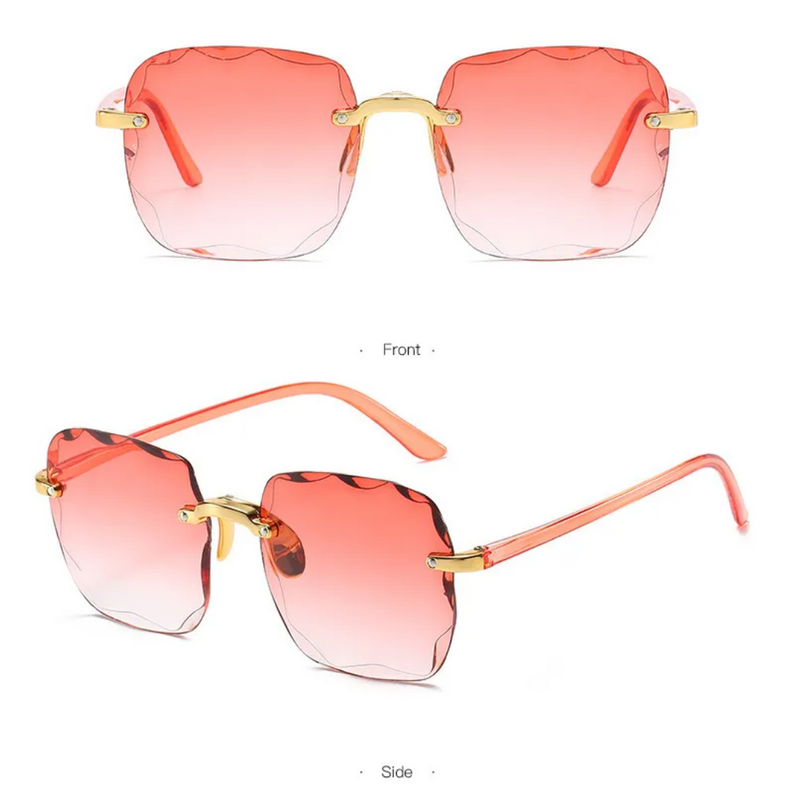 Vintage randlose Sonnenbrille, rosa Gläser, goldene Bügel, modisches Accessoire.