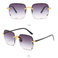 Vintage randlose Sonnenbrille, lila Gläser, goldene Bügel, modisches Accessoire.