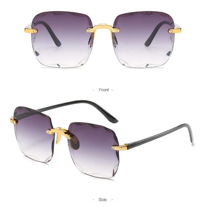 Vintage randlose Sonnenbrille, lila Gläser, goldene Bügel, modisches Accessoire.