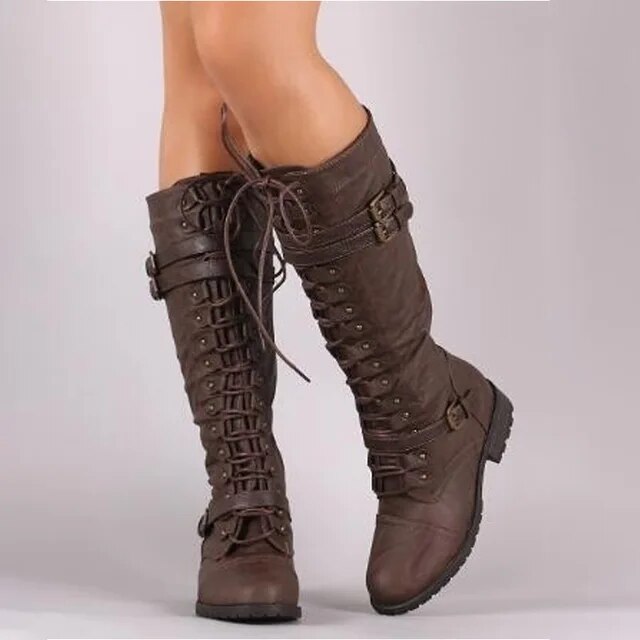 Braune Damen-Kniehohe Stiefel, Schnürung, Steampunk-Stil, PU-Leder, Herbst-Wintermode.