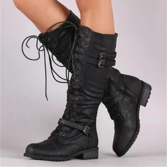 Schwarze Damen-Kniehohe Stiefel, Schnürung, Steampunk-Stil, PU-Leder, Herbst-Winter.