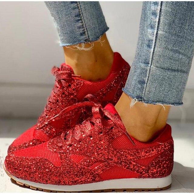 Rote glitzernde Damen-Sneaker, Mesh, Schnürung, Plattform, lässig, bequem, Jeans.