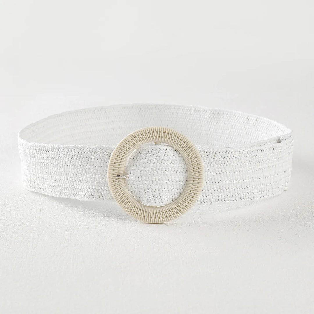 Weißer gewebter Gürtel mit runder Schnalle, Damenmode Accessoire, elegant und stilvoll.