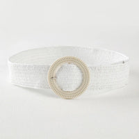 Weißer gewebter Gürtel mit runder Schnalle, Damenmode Accessoire, elegant und stilvoll.