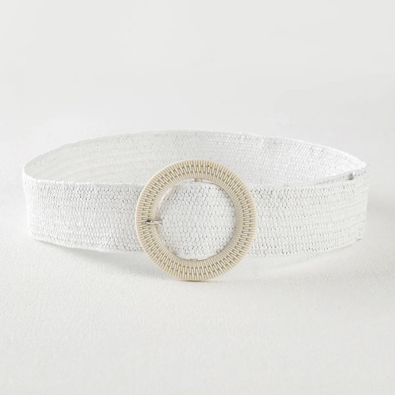 Weißer gewebter Gürtel mit runder Schnalle, Damenmode Accessoire, elegant und stilvoll.