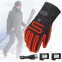 Schwarze beheizte Handschuhe für Skifahren, Touchscreen-kompatibel, mit Akkus und Ladekabel.
