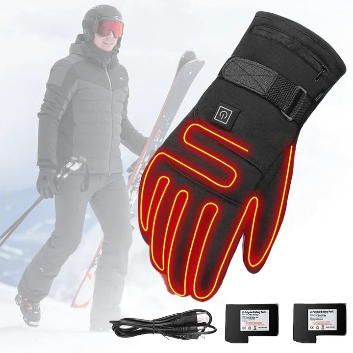Schwarze beheizte Handschuhe für Skifahren, Touchscreen-kompatibel, mit Akkus und Ladekabel.