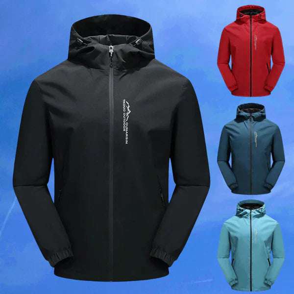 Wasserdichte Outdoor-Jacke, schwarz, rot, blau, Kapuze, Reißverschluss, Herrenmode.