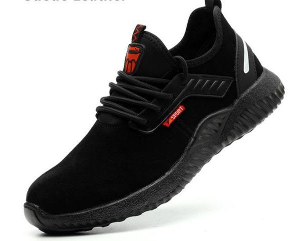 Schwarze Sicherheitsschuhe, Stahlkappe, rutschfest, atmungsaktiv, leicht, Unisex.