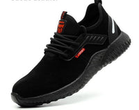 Schwarze Sicherheitsschuhe, Stahlkappe, rutschfest, atmungsaktiv, leicht, Unisex.