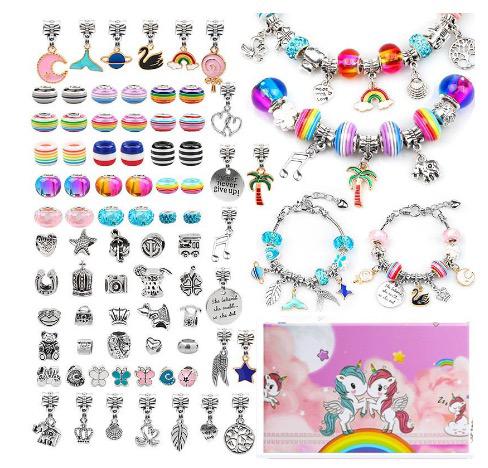 Bunte DIY-Charms und Armbänder Set, Einhorn-Motiv, Schmuckherstellung, Kinder, Geschenkideen.