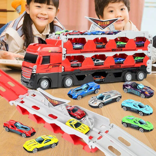 Roter Spielzeug-LKW mit Rennwagen, Kinder spielen, Auto-Transporter, Geschenkidee, Kunststoff.