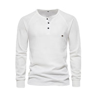 Weißes Herren-Henley-Shirt, Langarm, Baumwolle, Knopfleiste, Freizeitmode.