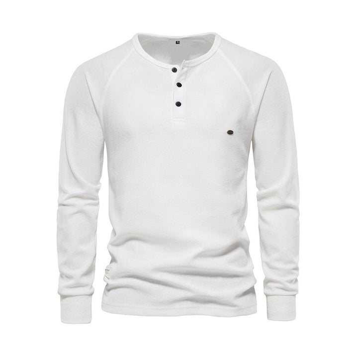 Weißes Herren-Henley-Shirt, Langarm, Baumwolle, Knopfleiste, Freizeitmode.