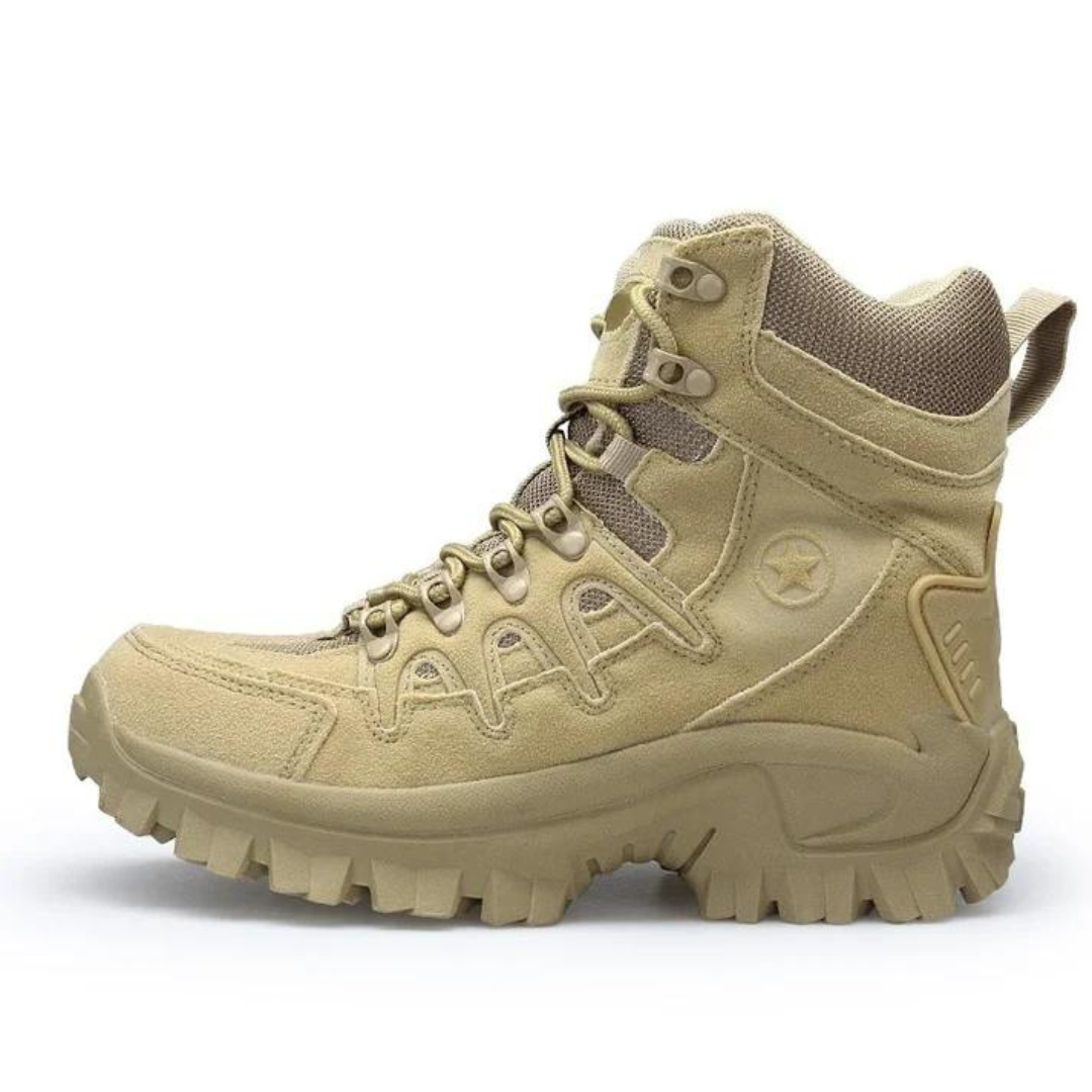 Beige taktischer Stiefel, winddicht, rutschfest, Outdoor, Wandern, Herren, robustes Design.