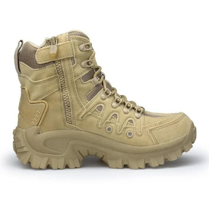 Beige taktischer Stiefel, winddicht, mit Reißverschluss, robustes Design, Outdoor-Einsatz.