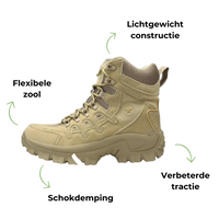 Beiger Wanderschuh mit flexibler Sohle, stoßdämpfend, leichte Konstruktion, verbesserte Traktion.