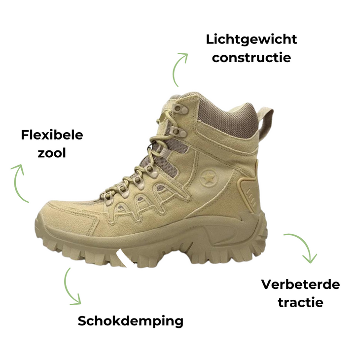 Beiger Wanderschuh mit flexibler Sohle, stoßdämpfend, leichte Konstruktion, verbesserte Traktion.