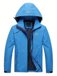 Blaue wasserdichte Outdoor-Windjacke mit Kapuze für Herren, ideal für Wandern und Trekking.