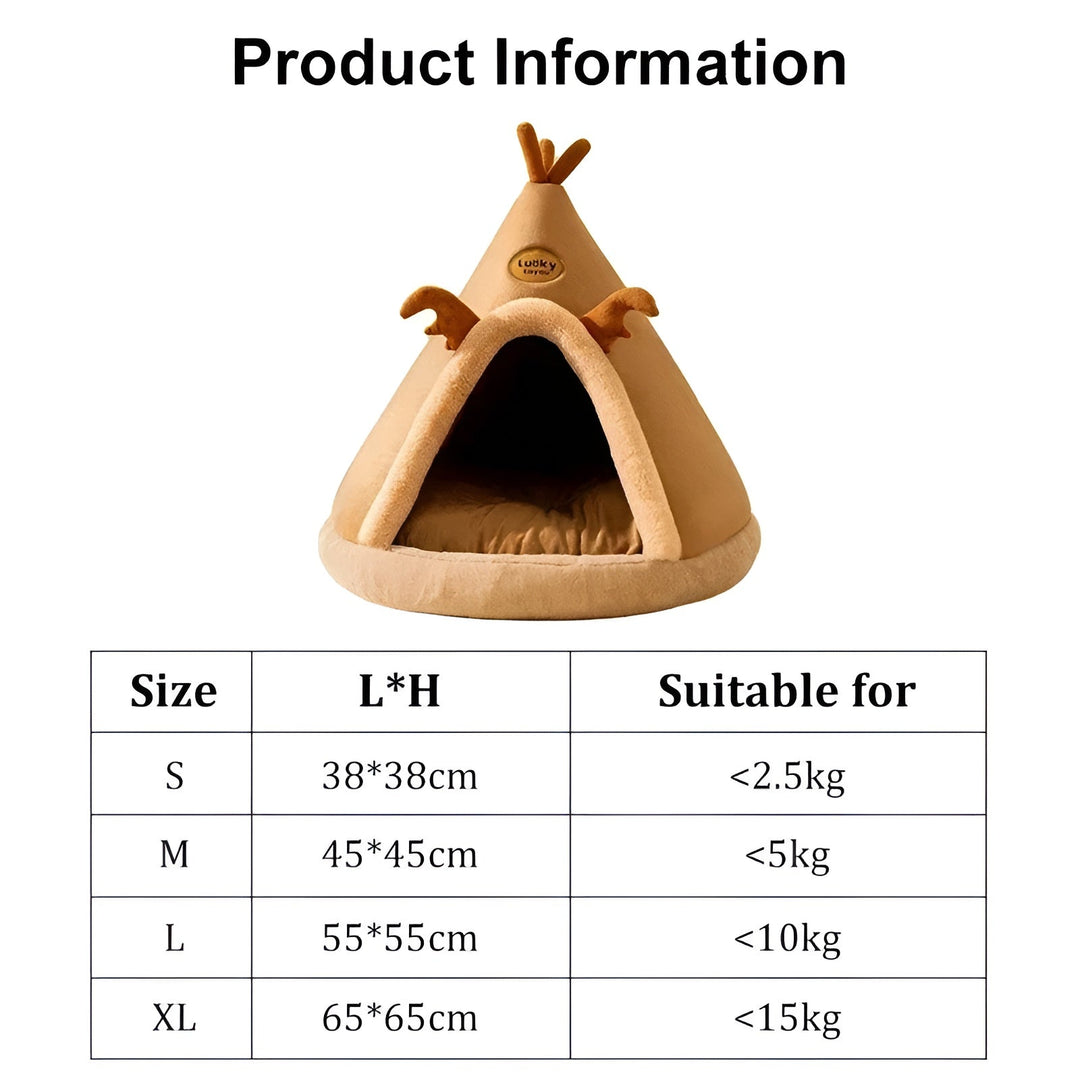 Gemütliches, braunes Haustierbett in Zeltform für Hunde und Katzen, verschiedene Größen.