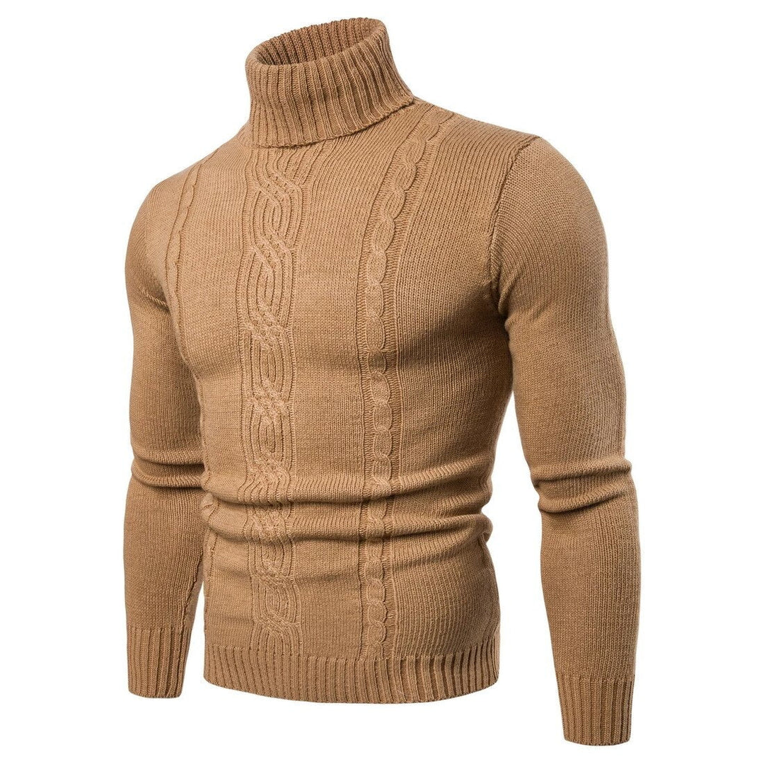 Brauner Herren-Rollkragenpullover, Strickmuster, Slim Fit, Wintermode, Vintage-Stil.