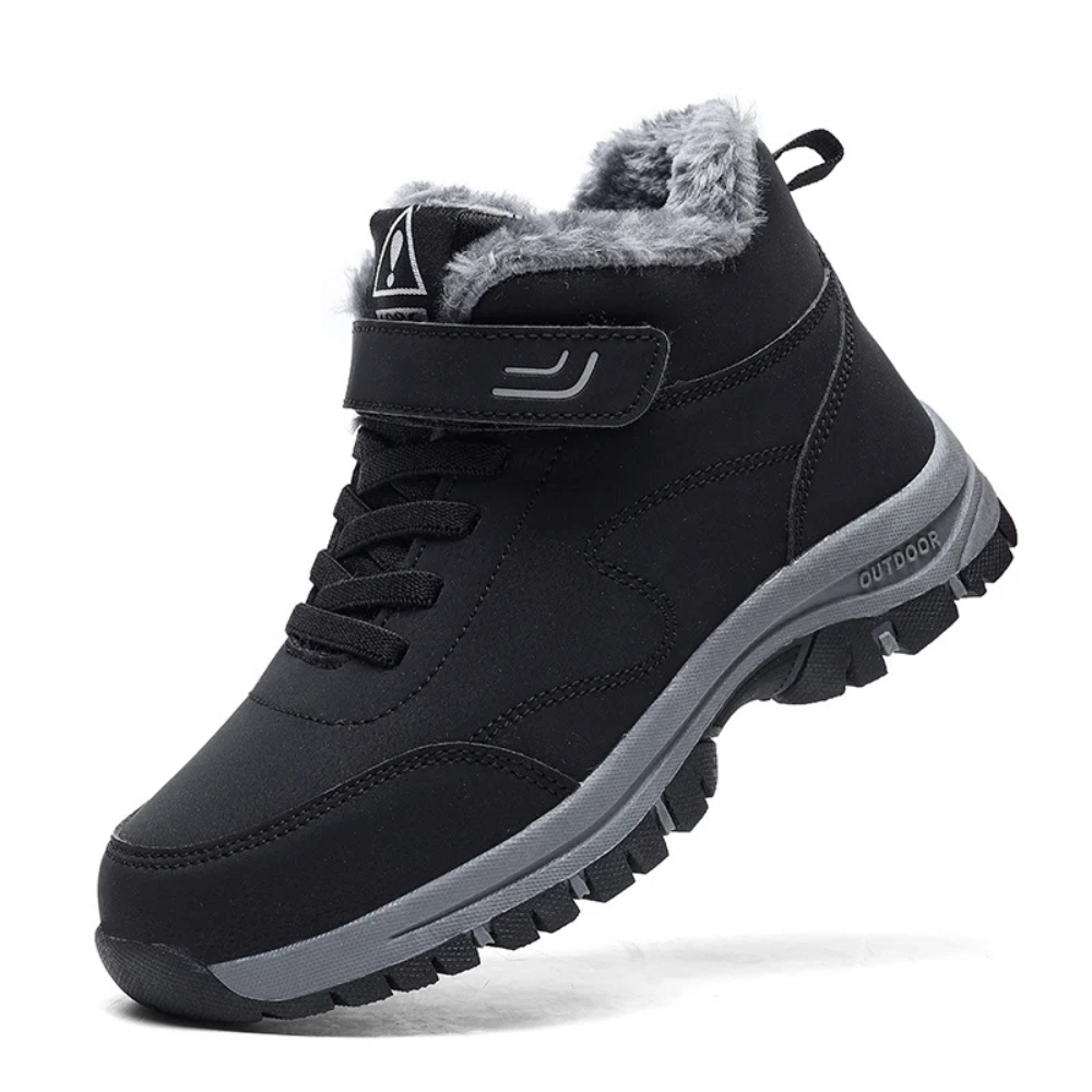 Schwarzer Winterstiefel mit Fellfutter, rutschfeste Sohle, Outdoor, warm, wasserdicht.