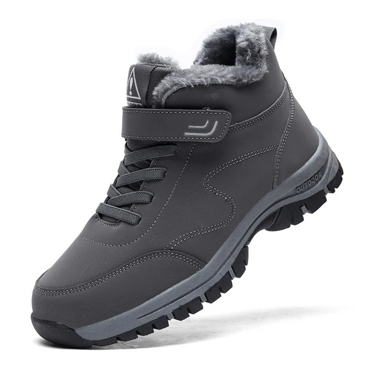 Graue Winterstiefel mit Fellfutter, rutschfeste Sohle, Outdoor, warm, wasserdicht.