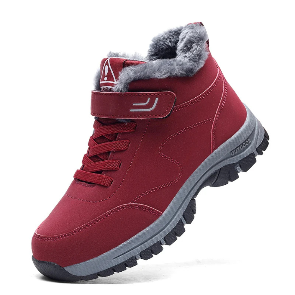 Rote Winterstiefel mit Fellfutter, rutschfeste Sohle, Outdoor, warm, wasserdicht.