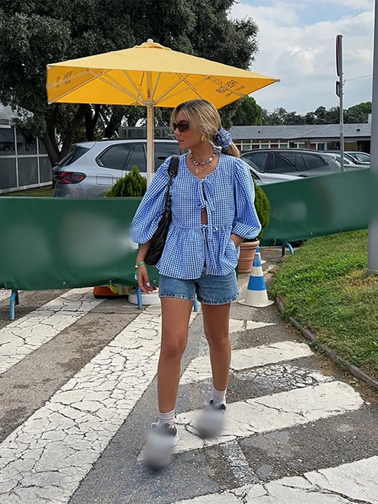 Karierte Damenbluse mit Puffärmeln – Maeve Herbstzauber Edition