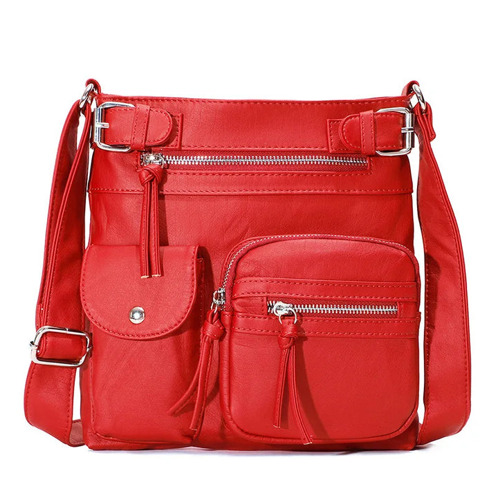 Rote Damen-Crossbody-Tasche, PU-Leder, multifunktional, modisch, mit Reißverschlusstaschen.