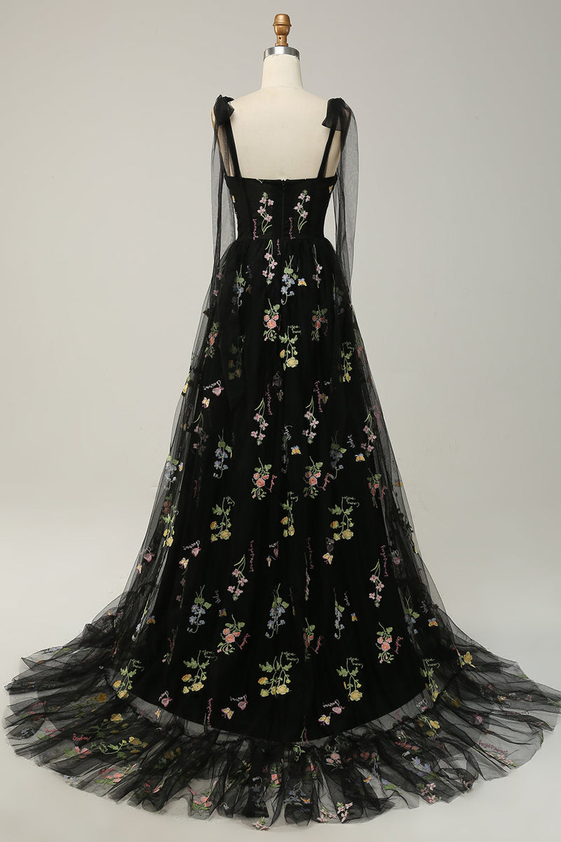 Schwarzes Abendkleid mit Blumenstickerei, Tüll, ärmellos, bodenlang, elegantes Design.