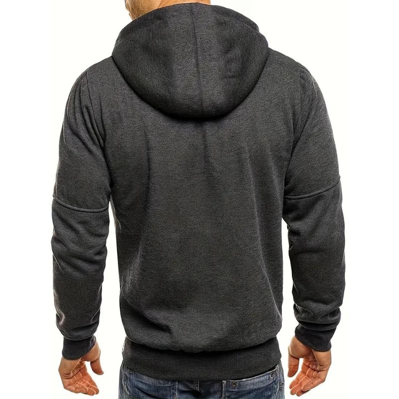 Dunkelgrauer Herren-Hoodie aus Baumwolle, Rückansicht, lässige Mode, Kapuzenpullover.