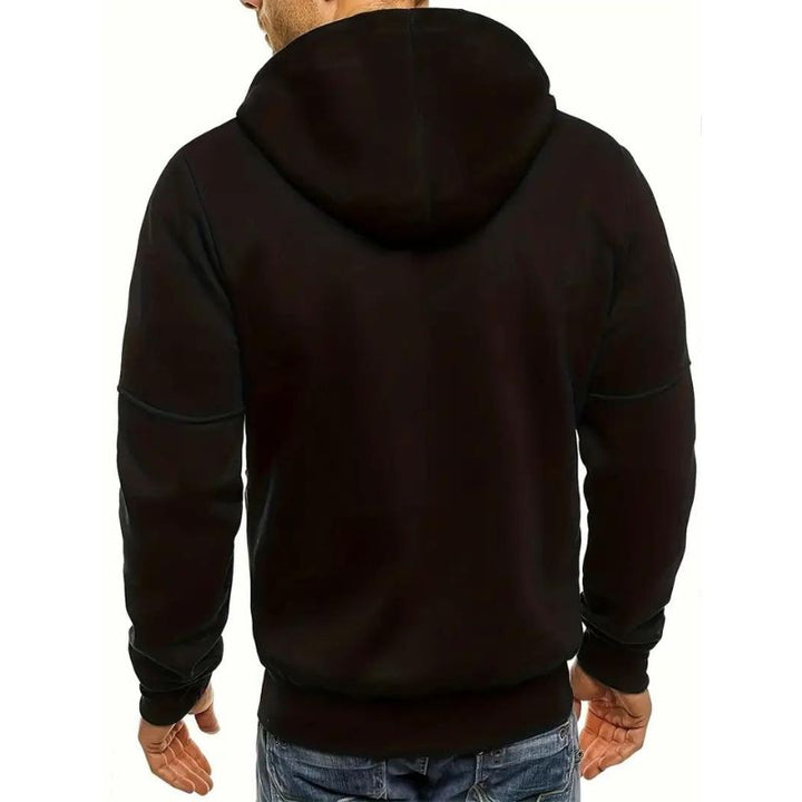 Schwarzer Herren-Hoodie, Rückansicht, Kapuze, lässig, Baumwolle, modisch, bequem.